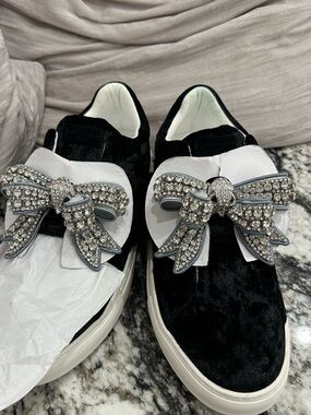 Women's Kurt Geiger Black Velvet Slip-On Sneakers with Crystal Bow Accent
